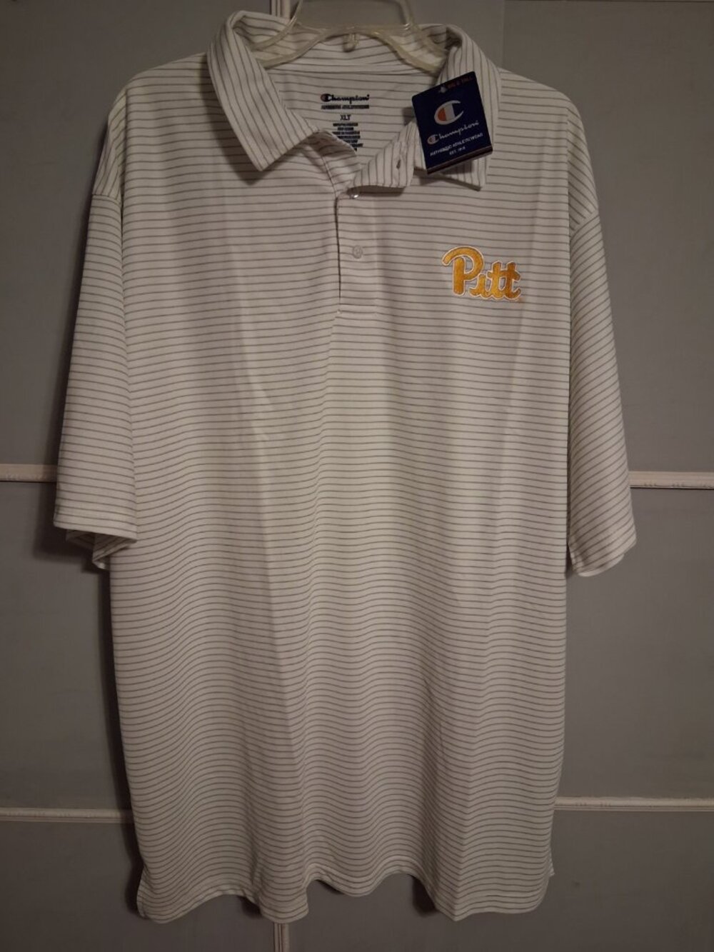 NWT Pitt Panthers Mens XLT Big & Tall Polo Shirt by Champion White Gray Stripe